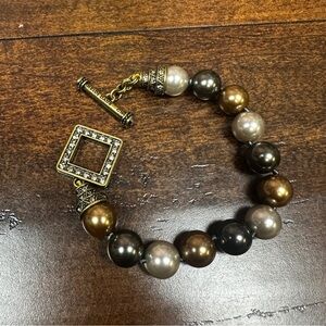 Heidi Daus Elegant Brown & Gray Pearl Bead Bracelet with Gold Accents
